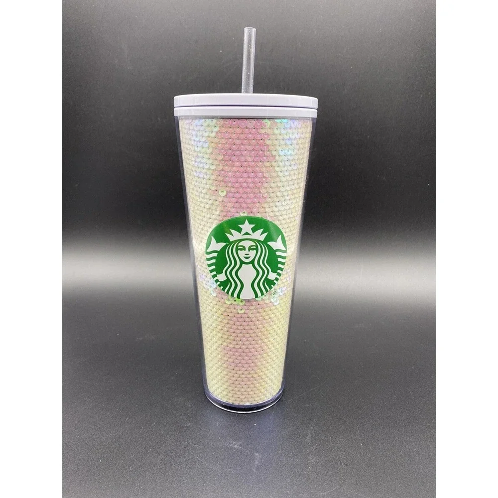 Starbucks 24oz Venti WHITE PINK SEQUIN Cold Cup Tumbler 2020‎ Holiday Purple Top